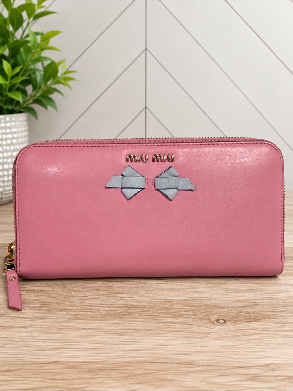 MIU MIU Fiocco Bow Rosa & Blue Zip-Around Long Wallet Leather Made Italy w/ COA